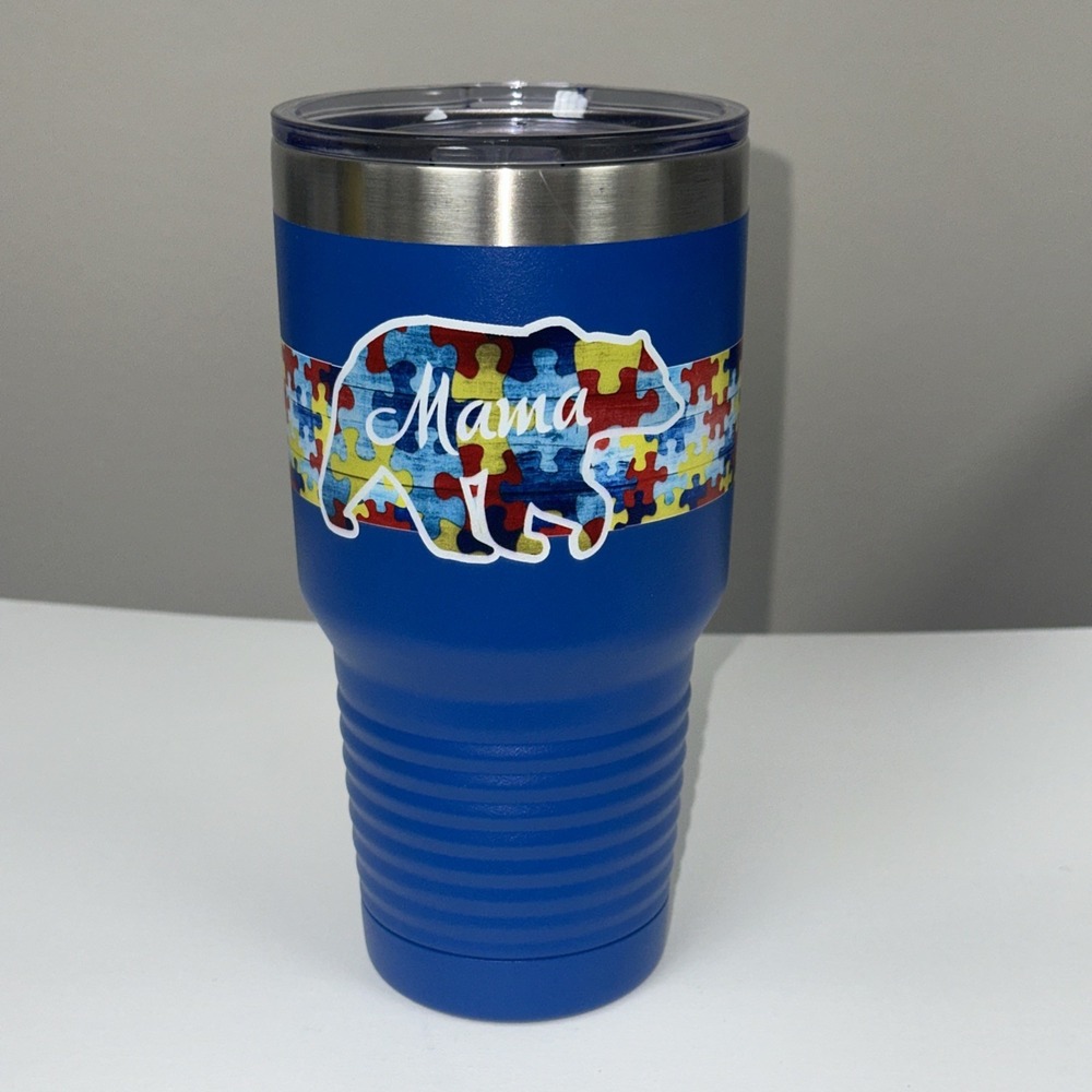 Polar Camel 30 oz Mama Bear Tumbler Blue Autism Awareness Puzzle Wrap New